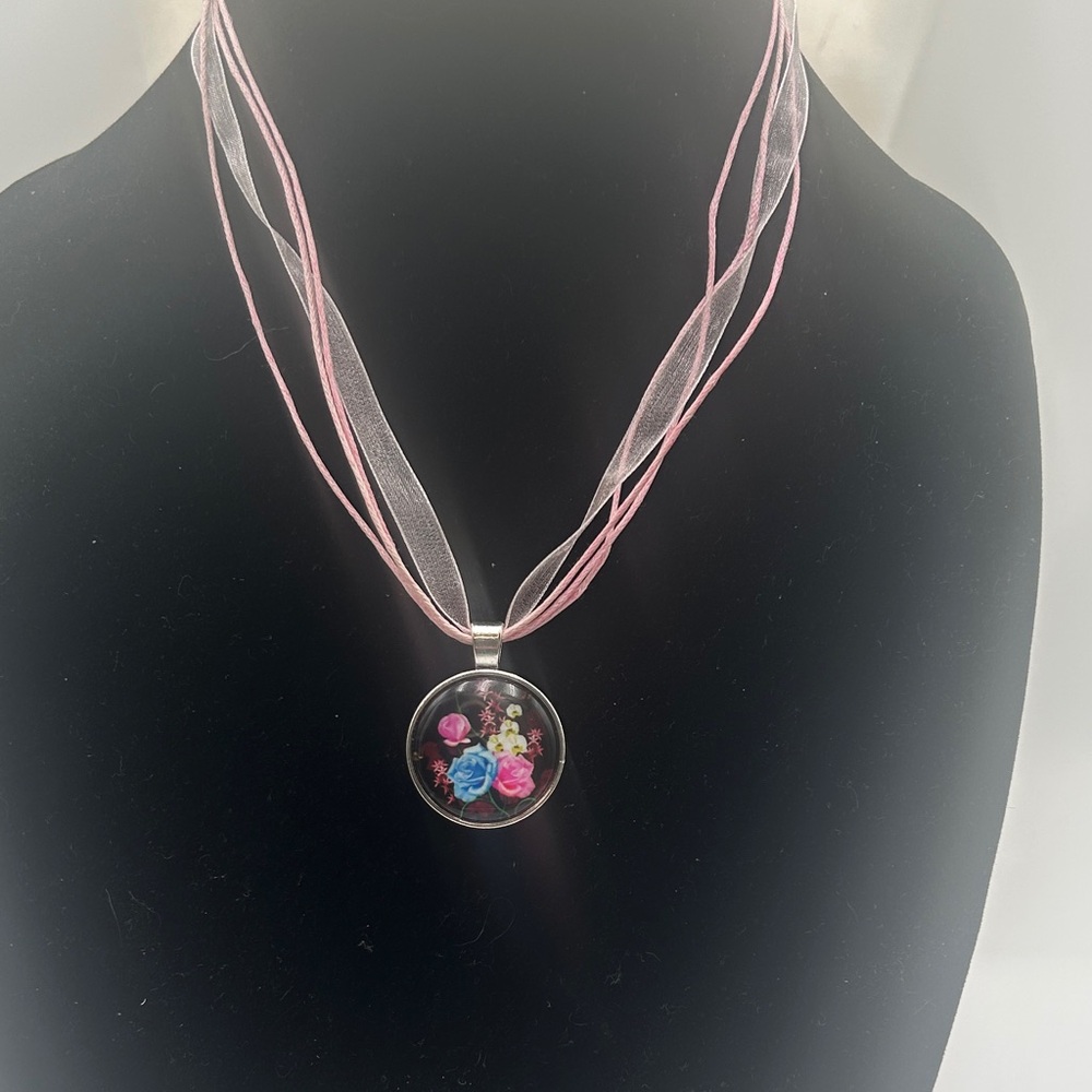 Pink Floral Glass Pendant Necklace with Multi-Strand Ribbon Cord